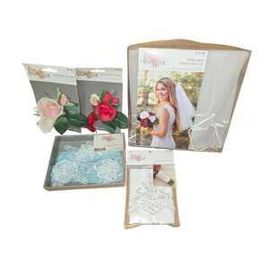 5 piece Wedding Set 2 Garters, Bouquet Wrap, Red Corsage and Pink Corsage